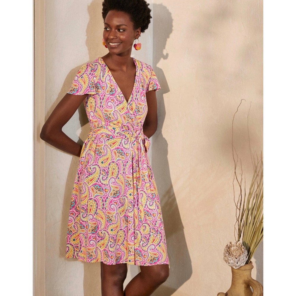 Boden Evangeline Paisley Jersey Faux Wrap Midi Dress US 14L Summer Party Pink